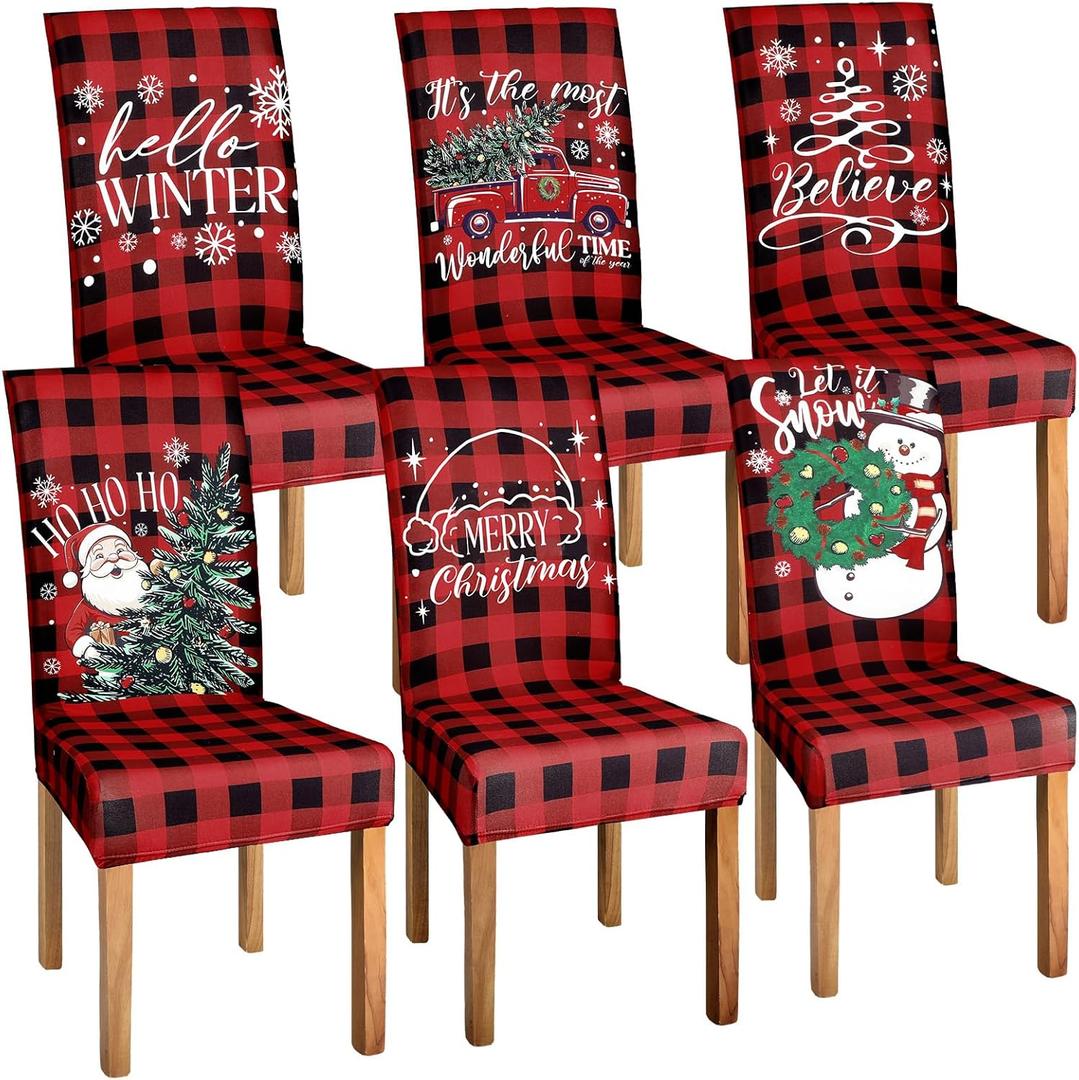 6 Pcs Christmas Chair Covers Dining Protector Removable Washable Stretch Xmas Tree Snowman Buffalo Plaid Slipcovers for Thanksgiving Dining Hotel Party Wedding Holiday Decor