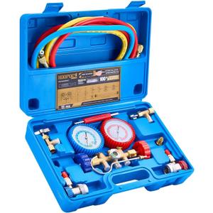 3-Way AC Manifold Gauge Set - Compatible with R134a, R12, R502 Refrigerants, Includes 5FT Hoses, Couplers, Adapter, Puncturing Tool & Self-Sealing Can Tap for Freon Charging(with Box) 3-Way AC Manifold Gauge Set - Compatible with R134a, R12, R502 Refrigerants, Includes 5FT Hoses, Couplers, Adapter, Puncturing Tool & Self-Sealing Can Tap for Freon Charging(with Box)
