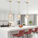 Amber Glass Pendant Light Set of 2 Modern Globe Pendant Lighting Nordic Ribbed Gold Ceiling Hanging Chandelier with Brushed Brass Adjustable Rods Dining Room Kitchen Island Light Fixture