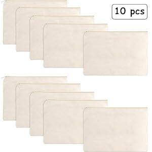 Gejoy 10 Pieces Cosmetic Canvas Pouch Bag Multipurpose Makeup Bag with Zipper Cotton Canvas Travel Toiletry Pouch DIY Craft(M, Beige)