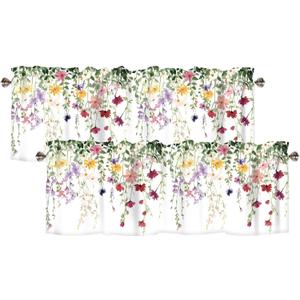 Spring Wildflowers Curtain Valance for Windows Floral Pink Rod Pocket Window Treatments 2 Panels Short Curtains for Kitchen Windows Bathroom Bedroom,42 x 12 Inch