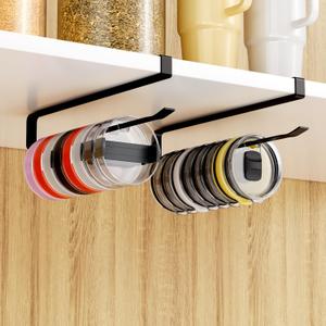 Quehun 2 PCS Tumbler Lid Organizers, Ample Lid Capacity Up to 30 Lids, No Adhesive No Drill Yeti Lid Organizer Holder Inside Cabinet, Space-Saving Stanley Tumbler Cup Lid Holder Organizer for Kitchen (Black)