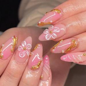 Almond Press on Nails for Women Pink Gradient Floral Medium, Fake Nails with Gold Line & Pearl Beads Design