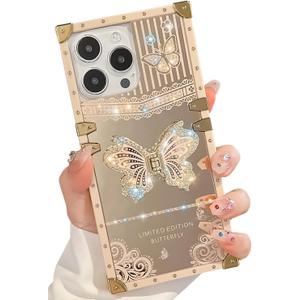 Cute Compatible with iPhone 14 Pro Max Case with Luxury Bling Glitter Butterfly Foldable Stand Kickstand,Glitter Soft PC Mirror Bumper Protective Cover for Women & Girls(Light Gold)