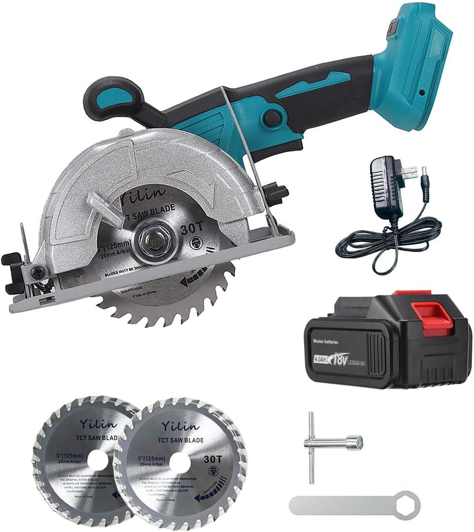 5 Inch Brushless Cordless Circular Saw with 4000mAh Battery,6500 RPM Compact Circular Saw,20mm Arbor with 1 TCT 30T Wood Blade and Scale Ruler