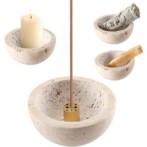 Incense Holder for Sticks and Cones - Handcrafted Limestone Incense Burner and Ash Catcher, Modern Stone Holder for Aromatherapy, Meditation, and Japanese Incense (Beige)
