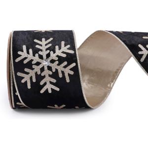 4 Inch Black Velvet Wired Ribbon 10 Yards Snowflake Metallic Crushed Velvet Christmas Ribbon for Gift Wrapping Christmas Tree Decoration Crafts Wreaths Supplies-Continuous (Black, 4"-10 Yard)