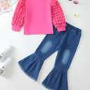 Kucnuzki Toddler Girl Clothes Cute Kids Clothes Long Sleeve Shirts Top Bell Bottom Denim Jeans Pants 2 Piece Matching Outfits (7-8 Years, Rose)