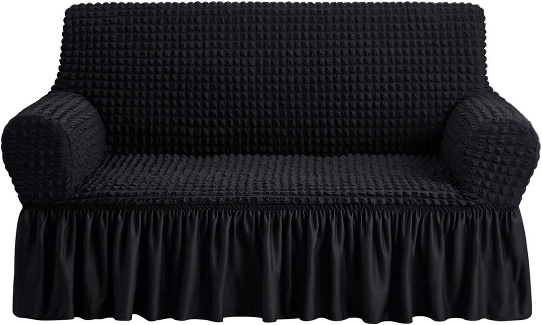 NICEEC Loveseat Slipcover Black Loveseat Cover 1 Piece Easy Fitted Sofa Couch Covers Universal High Stretch Durable Furniture Protector Love Seat with Skirt Country Style (2 Seater Black)
