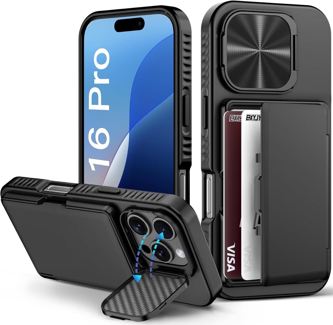 for iPhone 16 Pro Case Wallet, Built-in Card Holder (4-5 Cards), Camera Cover Stand, Military Grade Drop Protection, Rugged Heavy Duty Men Women Protective Phone Case for iPhone 16 Pro, Black