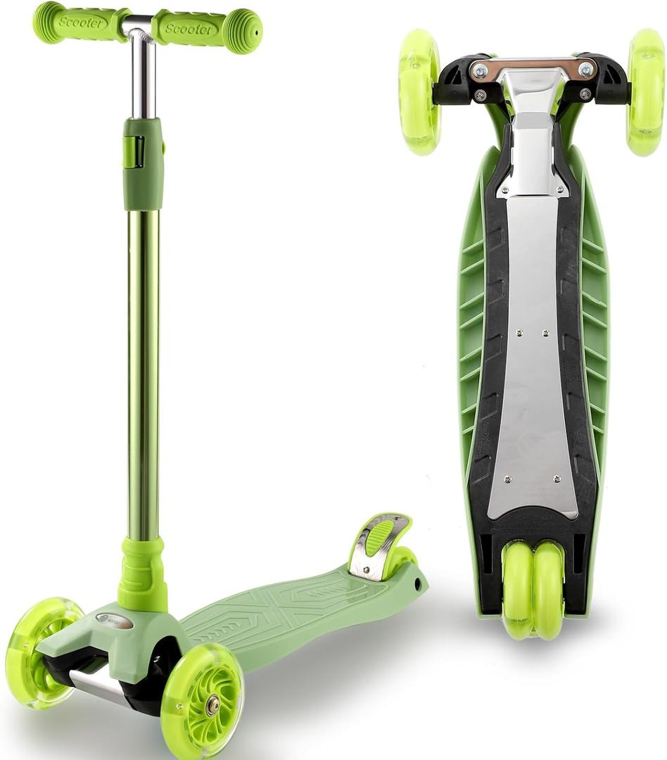 3 Wheel Scooter for Kids Ages 6-12,Kids Scooter with Light Up Wheels, Sturdy Deck Design, and 4 Height Adjustable Suitable for Kids Ages 3-12 (Green)