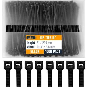 ALBO Zip Ties Black 8 Inch 1000 Pack 40 lb, Long Plastic Cable Ties Thick 0.14 Inch Tie Wraps Heavy Duty UV Resistant Nylon Wire Ties for Indoor and Outdoor