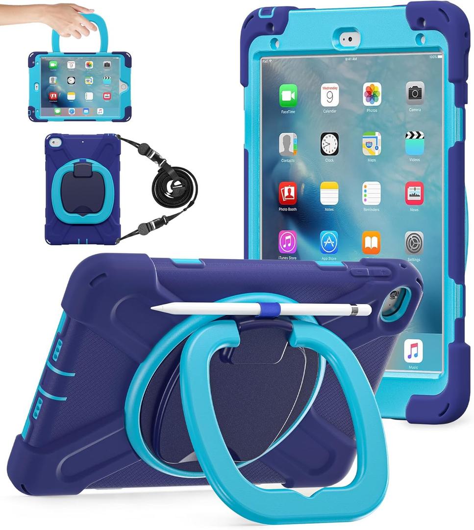 BATYUE for iPad mini 5/4 7.9 Inch Case (2019/2015), Heavy Duty Protective Cover with 360 Kickstand, Detachable Shoulder Strap & Pencil Holder for Business & Bulk Orders - Navy Blue