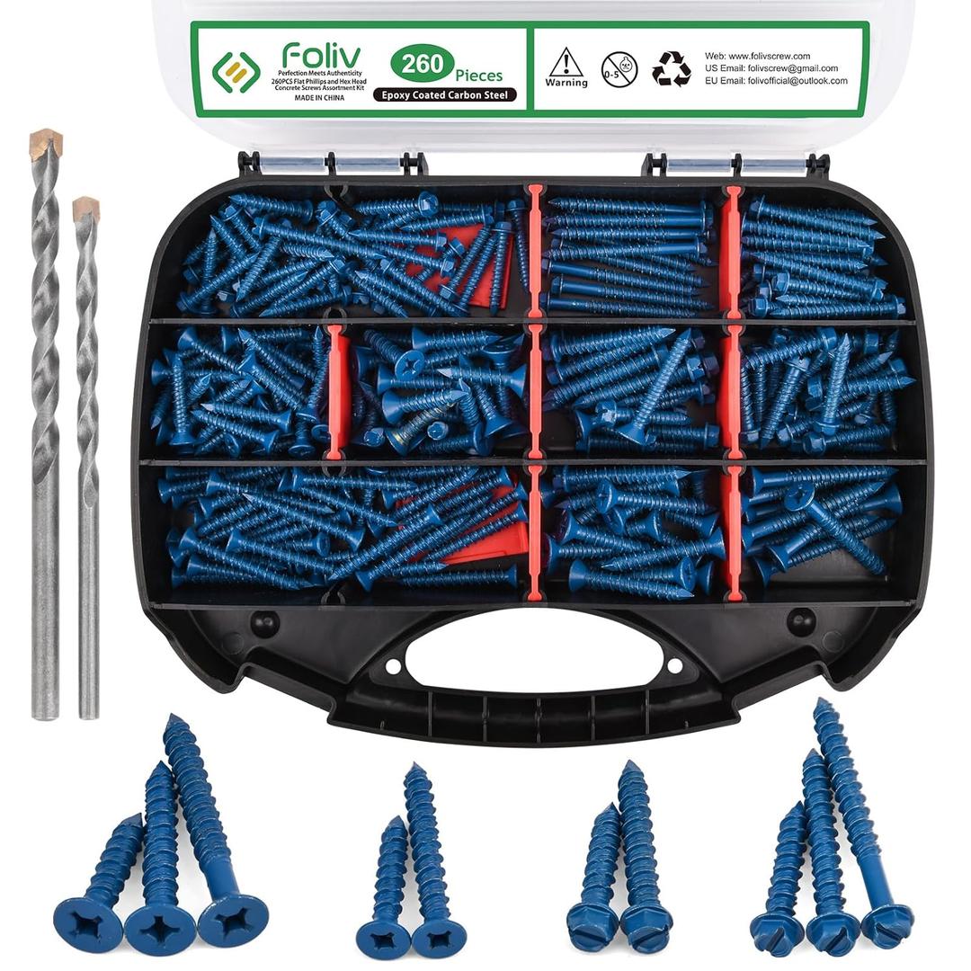 FOLIV 260PCS Concrete Screws with Drill Bit, 1/4 3/16 Concrete Screw Assortment Kit, Flat & Hex Head Masonry Block Brick Cement Screws and Anchors, Diamond Point, Length from 1-1/4 to 2-1/4