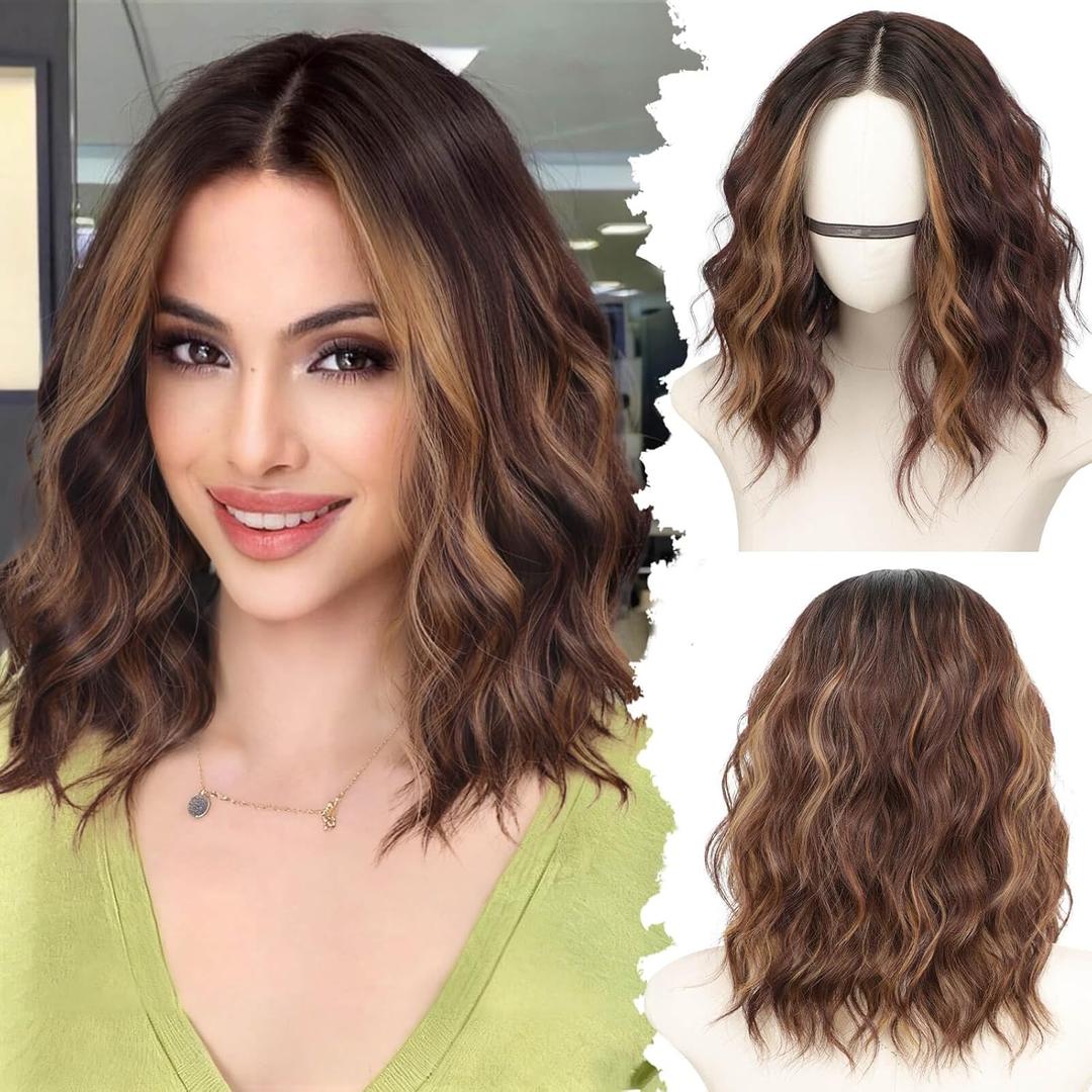 Dark Brown with Highlights Short Wavy Bob Glueless Synthetic Fiber Lace Front Wigs for Women Pre Cut for Beginners Natural Hairline 14 Inch