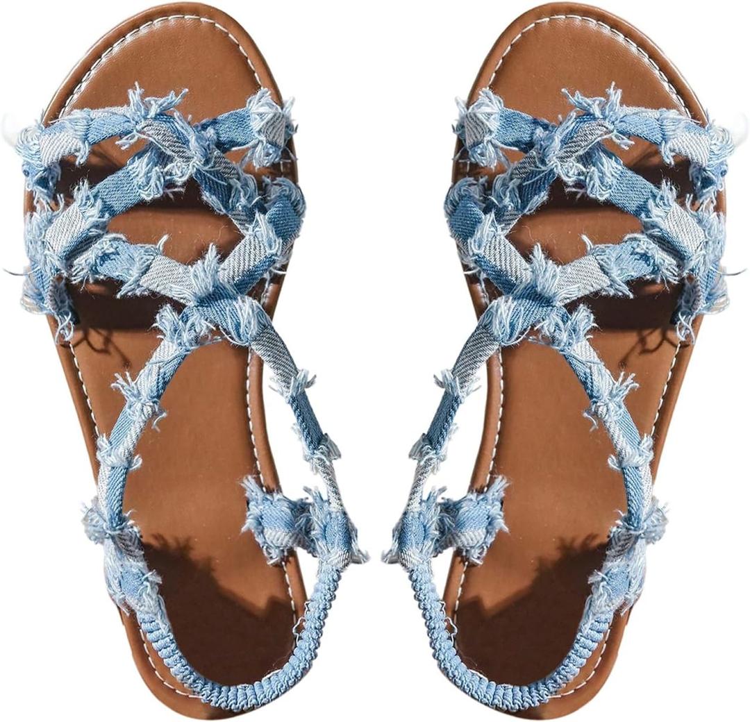 GORGLITTER Women's Leopard Strappy Flat Sandals Cheetah Ankle Strap Open Toe Summer Going Out Dressy Sandal 2026 (9.5, Blue Denim)