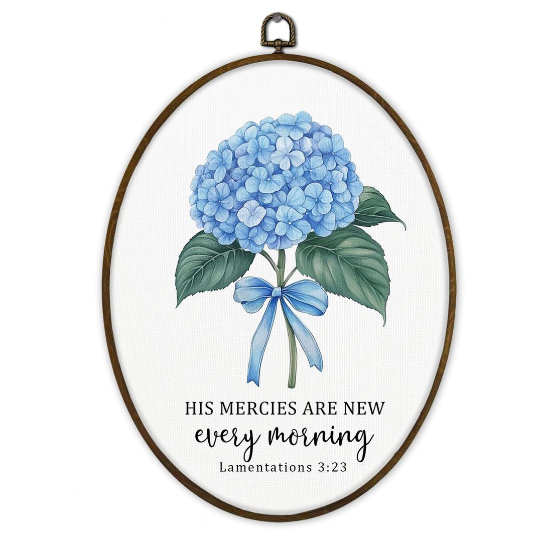 Gnmduw Christian Blue Hydrangea Oval Wall Art Framed, Religious Lamentations 3 23 Floral Canvas Prints Hanging Decor, His Mercies Are New Every Morning Wall Decor for Bedroom Living Room, 8.7x11.3 In