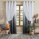 PONY DANCE Living Room Curtains - Blackout Curtains Grey Ombre with White Sheer Overlay Thermal Insulated Mix & Match for Home Decoration with Tie Ropes, W52 x L84 inch, 2 Panels