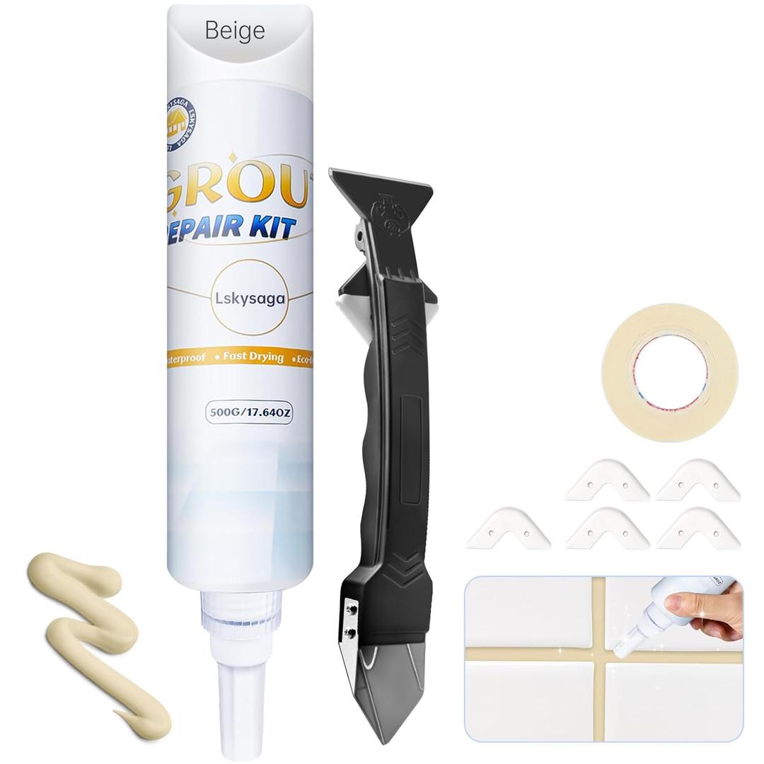 Tile Grout Repair Kit - 17.64oz Beige Grout Filler for Shower, Bathroom & Floor Tile - Waterproof Grout Sealer to Restore & Renew Grout Lines - Quick Drying, Easy to Use Tube