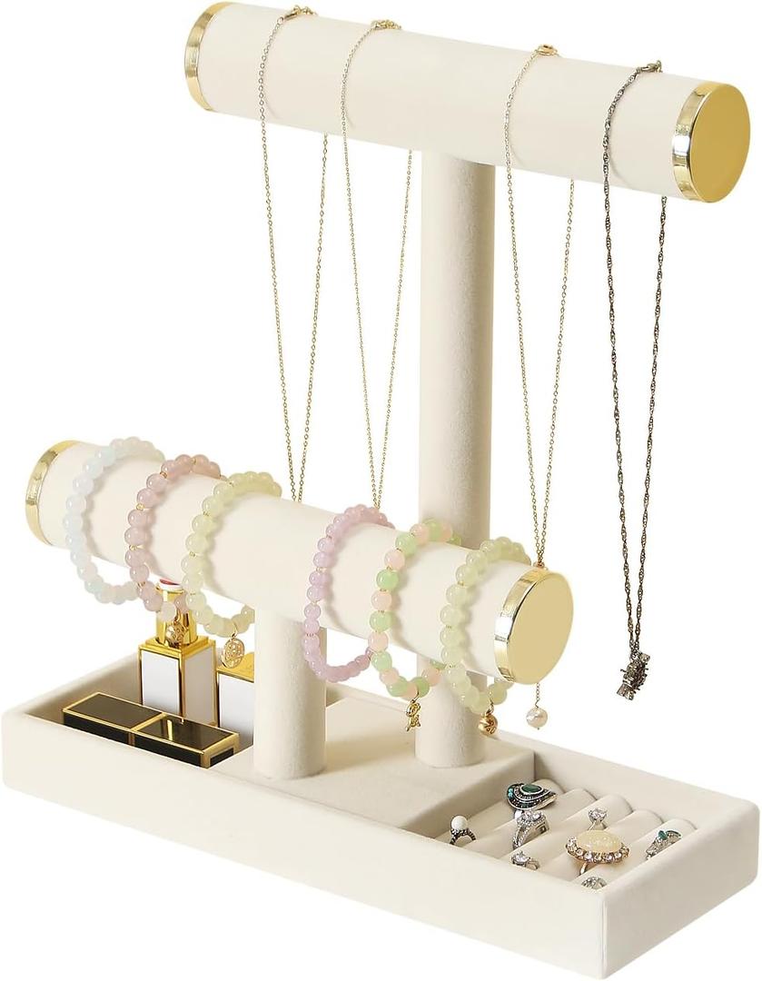 Jewelry Holder Stand,2 Tier Necklace Bracelet Organizer with Tray,Jewelry Displays for Selling Bangles Scrunchie Hair ties Watches and Chains (Beige)