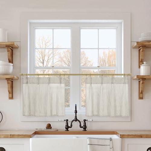 15 Inch Curtains Length,Cafe Striped Linen Farmhouse Sheer Small Window Curtains for Kitchen Bathroom,24 x 15 Inch Long 2 Panels Set
