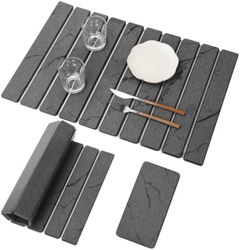 2 PCS Large Stone Dish Drying Mat for Kitchen Counter, Marbled Quick Dry Stone Dish Mats, Diatomaceous Earth Drying Pad, Foldable and Super Absorbent Dish Drying Stone Mat (Dark Gray 24"×16" & 8"×4")