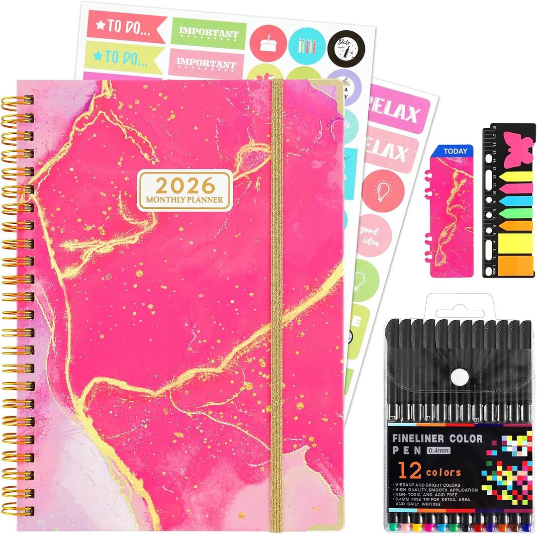2026 Planner, Daily Weekly Monthly Planner with Tabs, 2026 monthly planner with Color Pen, Sticky Notes and Stickers, 6.2" x 8.5", Durable Twin Wire Binding, Storage Pocket - Pink Marble