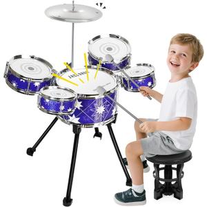 Upgraded Drum Set for Toddler Toy Ages 2-4 Kids Jazz Drums Kit with Stool Musical Instrument Toys for 3 4 5 Year Old Girls Boys Gifts (Small)