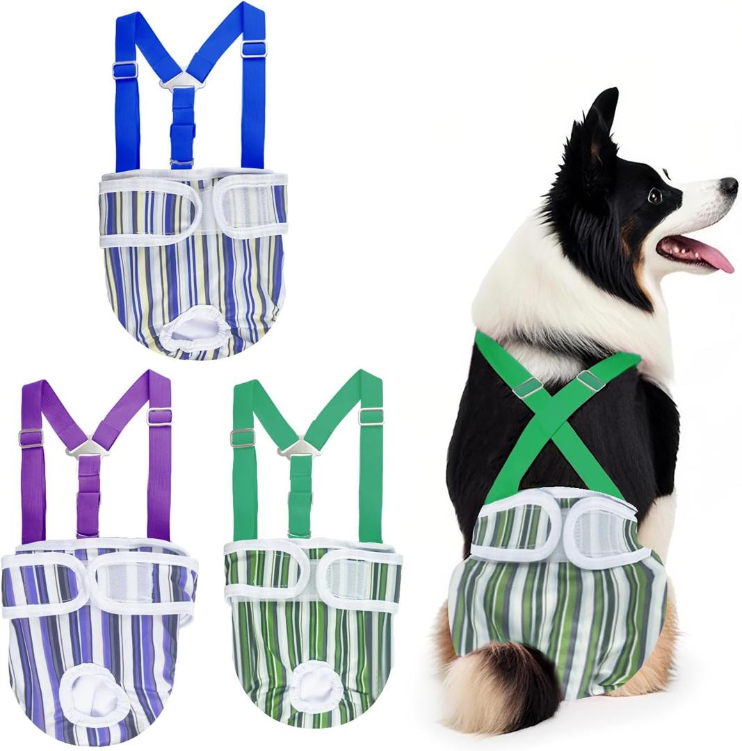 Washable Female Dog Diaper with Suspender - 3 Pack Reusable Super Absorbent & Leakproof Fixed Doggie Diapers for Dogs in Heat Cycle-S
