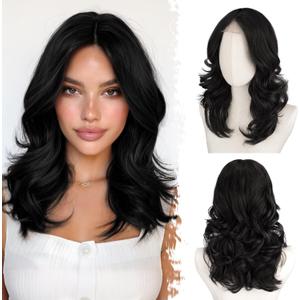 BARSDAR Short Wavy Layered Black Wig - Shoulder Length Wavy Black Wigs for Women - Short Loose Wave Textured Layered Bob Wig with Face-Framing Curtain Bangs Soft Synthetic Natural Looking Daily Party (16 Inch)