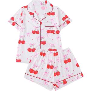 WDIRARA Women's 2 Piece Bow Cherry Print Pajama Set Short Sleeve Button Down Shorts Sleepwear Pjs (M)