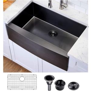 Hotis Black Farmhouse Sink, 33 Inch Black Farm Sink, Gunmetal Black Apron Front Stainless Steel Farmhouse Kitchen Sinks, 33x22 Inch Undermount Single Bowl Workstation 16 Gauge With Dish Grid, 33x21 inch Farmhouse Sink