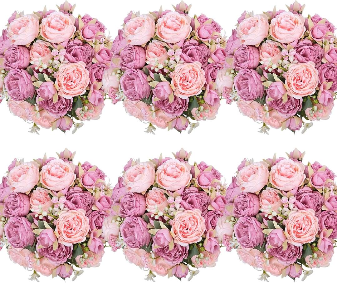 6 Pcs Peonies Artificial Flowers Bulk, Mixed Pink Silk Peonies Fake Bouquet for Floral Centerpieces,Red Realistic Faux Peony Flower for Flower Arrangements Wedding Decoration Vase