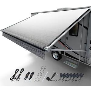Fonzier RV Awning Fabric Replacement, 19.5oz Heavy Duty Vinyl, with Tie Down Kits & 7 Hooks & Pull Strap for Trailer Camper Awning- 11'(Fabric 10'2"), Light Gray Fade