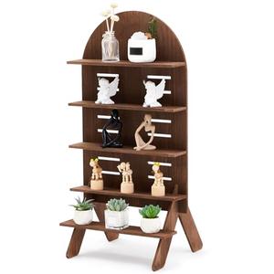 Blulu 5-Tier Wooden Display Shelf for Vendors 31.5 x 16 Inch Tall Removable Retail Display Riser Stand with Adjustable Height for Candles Decorative Items(Arch,Walnut Color)
