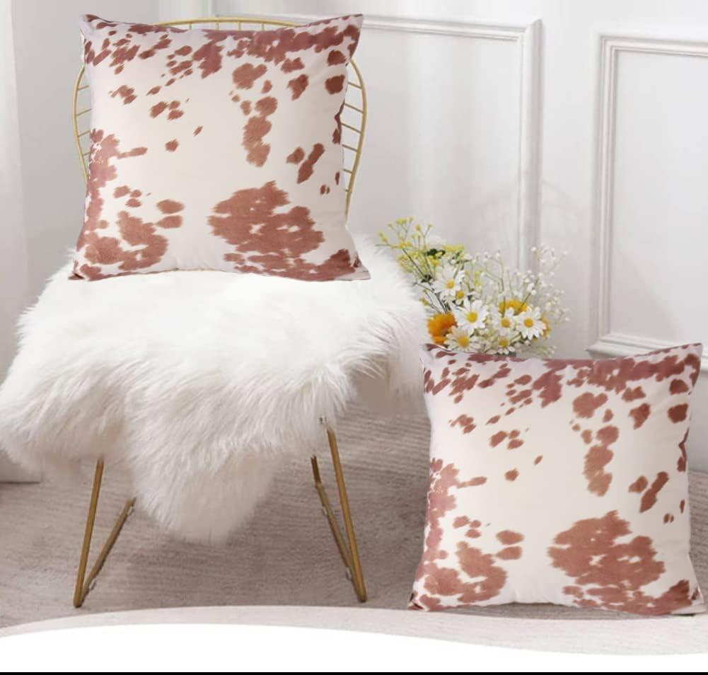 Velvet Throw Pillow Covers 20x20, Beige Tan Cow Hide Cowhide Print Square Couch Pillows, Farm Animal Western Decorative Accent Cushion Cover Pillowcase for Sofa Bed & Living Room (Light Brown)