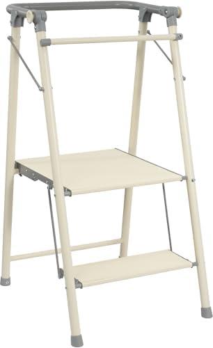 Elevon Foldable Step Stool, Metal Two Step Ladder with Wide Pedal for Kitchen Counter Bathroom Sink, Suitable Ages for 18 Months to 6 Years, Grayish White
