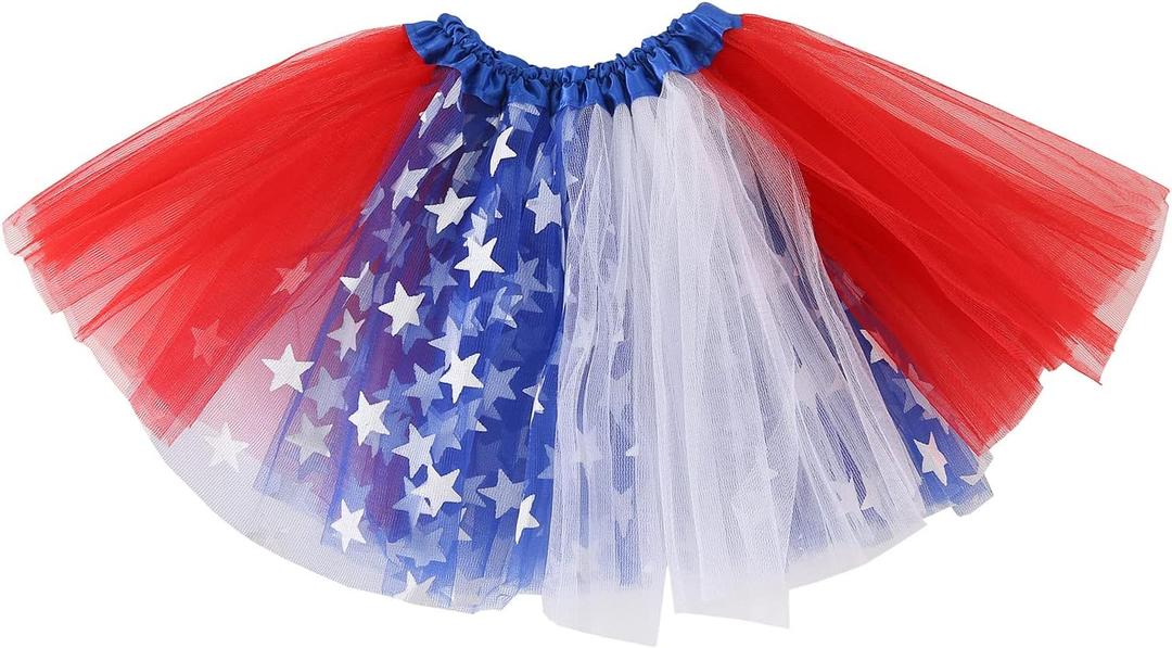 4th of July Star Tutu for Girls Red White Blue Star Dress, Independence Day American Flag Tutu Skirt Outfit USA Party Decor (One Size)