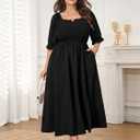 SCOMCHIC Womens Plus Size Maxi Dress Short Sleeve Square Neck Smocked Wedding Guest Flowy Split Dresses with Pockets (Black, XXXL)