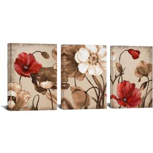 Biuteawal Vintage Wall Art Brown Flowers Painting Bedroom Wall Decor 3 Pieces Canvas Print Brown Blossom Floral Pictures Abstract Artwork Bathroom Living Room Decoration Framed Ready to Hang