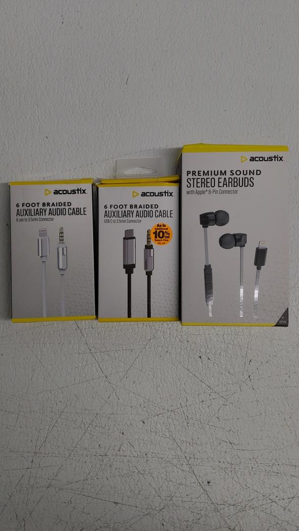 6Foot Braided Aux Audio Cable 8pin to 3.5 Connector, 6 foot Braided USBC to 3.5 Connector, and Premium Sound Sterio Earbuds With apple 8pin connector, by acoustix.