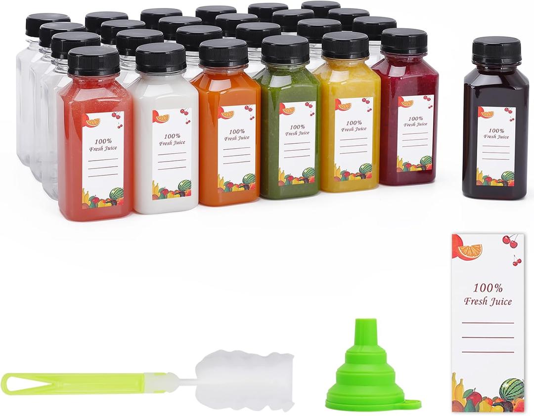 OBKJJ Plastic Juice Bottles 150 pcs 8 oz Empty Plastic Water Bottles with Caps Reusable Clear Beverage Containers for Drinking, Juicing, Smoothie, Water with 2 Brushes, 2 Funnels, 160 Stickers (8 OZ)