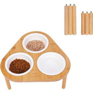 Raised Cat Feeder with Stand, Elevated Bamboo Stand with 3 Ceramic Bowls, Anti Slip and Removable Feet