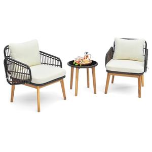 HAPPYGRILL 1 Piece Acacia Wood Patio Bistro Set, Wicker Outdoor Furniture Set with Cushioned Chairs and Tempered Glass Side Table, PE Rattan Wicker Chair with Table for Porch, Balcony, Deck 