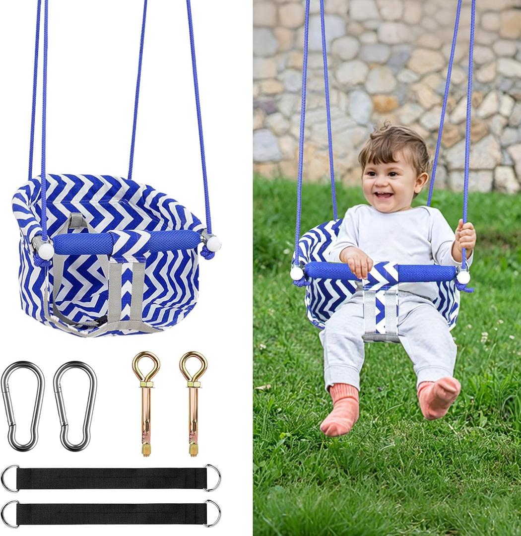 Comfy Toddler Swing Seat, Heavy-Duty Baby Swing with Adjustable Rope & Safety Harness, Drop-Resistant Design Canvas Hanging Tree Swings Easy Installation for Outdoor Indoor Playground Backyard (Blue)