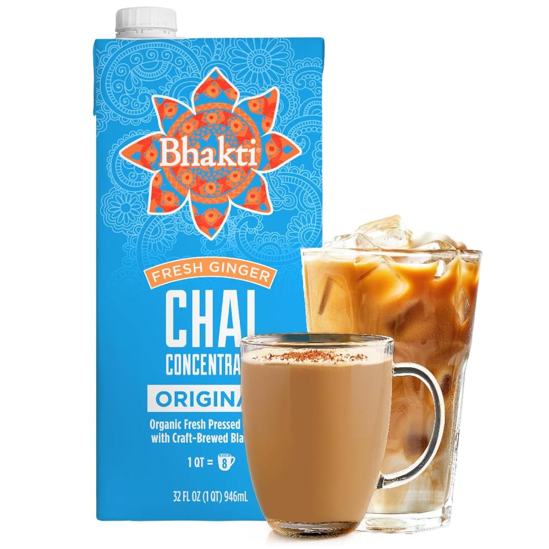 Bhakti Chai Tea Concentrate | Original, Organic Fresh Ginger, Black Tea, Sweetened, Spiced, Dairy-Free, Vegan, 32oz (Best Before Aug. 21, 2026)