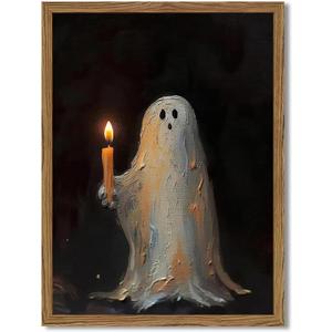 Framed Vintage Halloween Ghost Canvas Wall Art, Cute Ghost Holding Candle Pictures Wall Decor, Spooky Gothic Dark Academia Paintings Prints for Living Room Bedroom Bathroom 16x24 inch