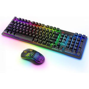 MOOJAY Wireless Keyboard and Mouse RGB Backlit Combo, Rechargeable 2.4G Light Up Cordless Gaming Keyboard with Ergonomic Wireless Wired Dual Mode Mice Set, for PC/Laptop/Windows/Mac - Black