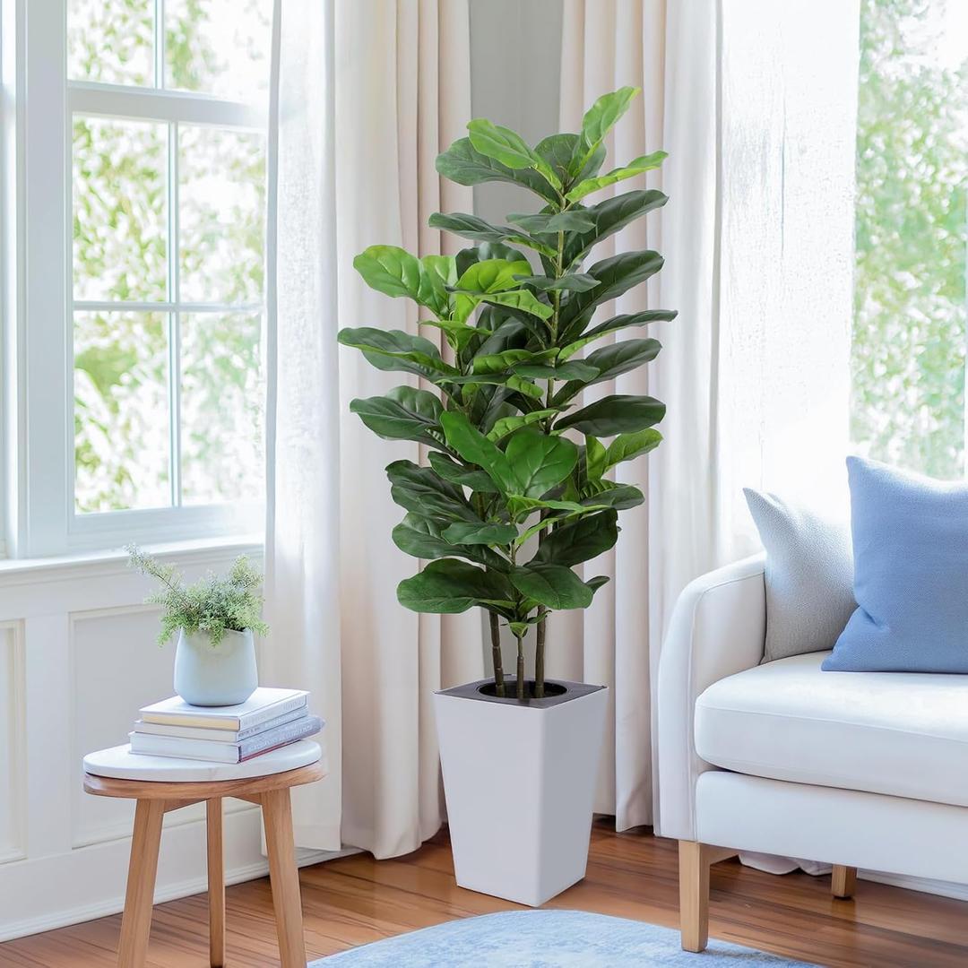 5Ft Fiddle Leaf Fig Tree with White Tall Planter - Fake Fig Silk Plants with 62 Large Fiddle Leaves,Artificial Trees for Home Decor Indoor Outdoor Office