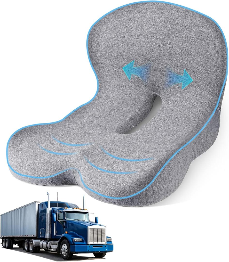 Seat Cushion for Truck Driver, Memory Foam Truck Seat Cushion with L-Shaped Ergonomic Design, Lumbar Support Pillow & Tailbone Pain Relief for Long Driving, Semi Truck Accessories (Average Size)